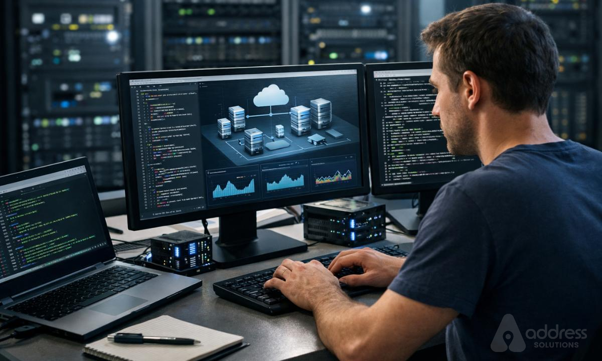 Developer monitoring server infrastructure and cloud architecture dashboards