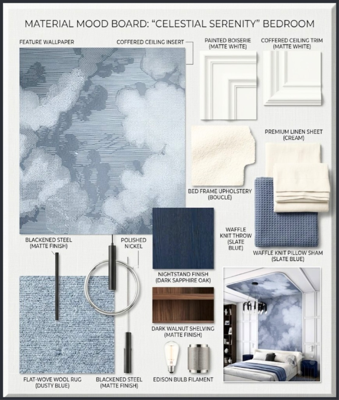 Material selection board with finishes and fabric samples
