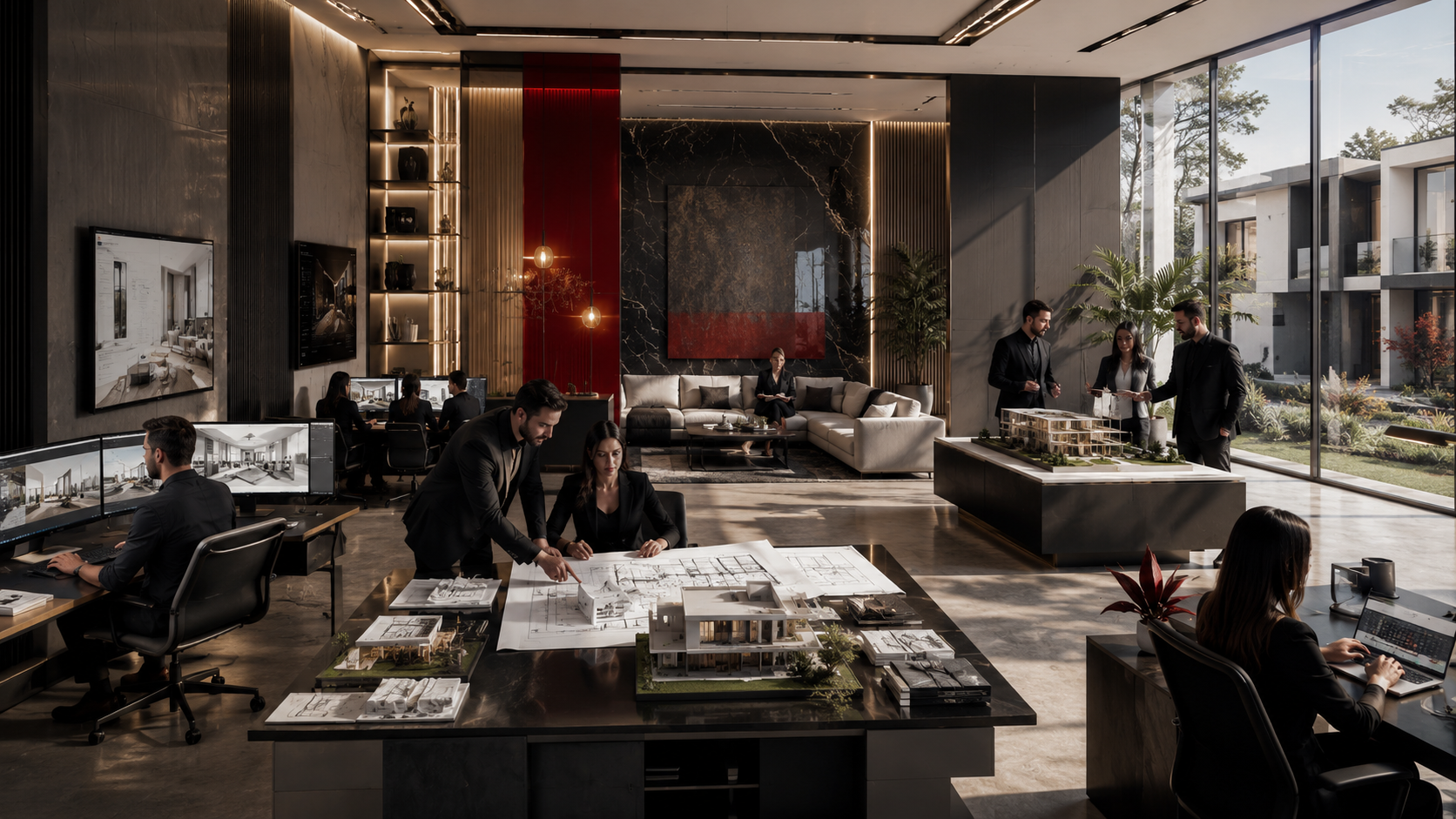 Address Solutions team reviewing project plans in a premium corporate office