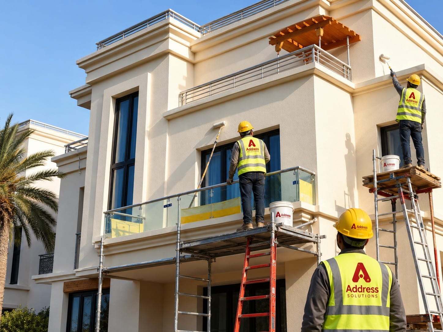 Maintenance crew performing exterior repainting and upkeep on a residential building