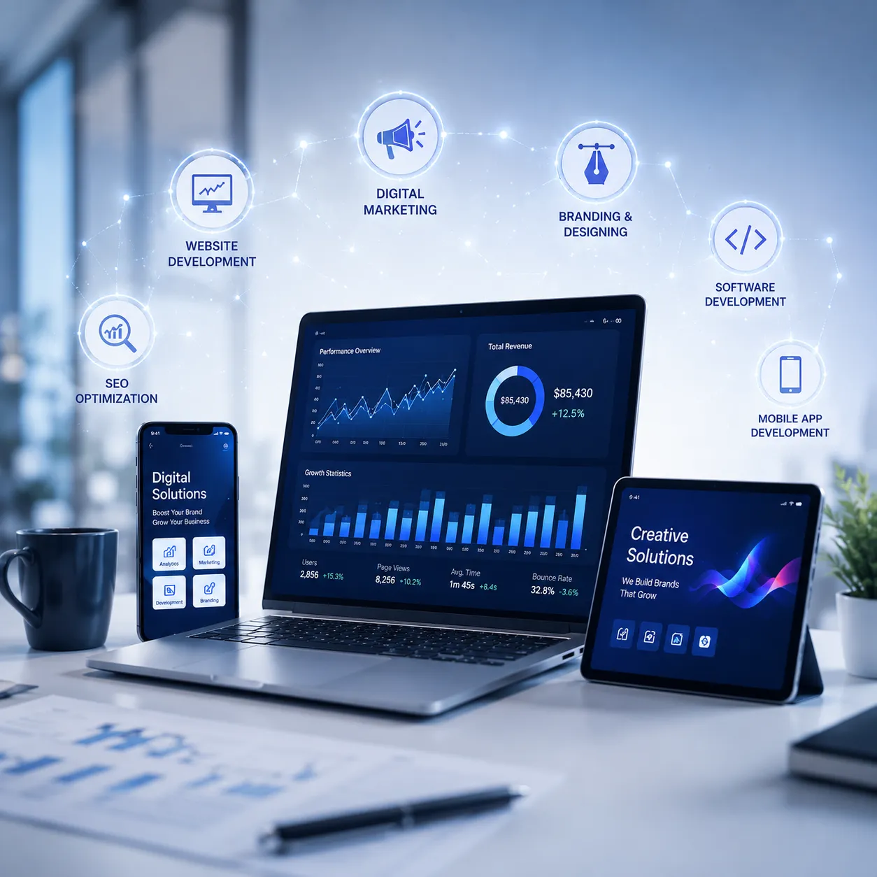Ad Solutions digital growth dashboard across devices showing marketing, development, and analytics services