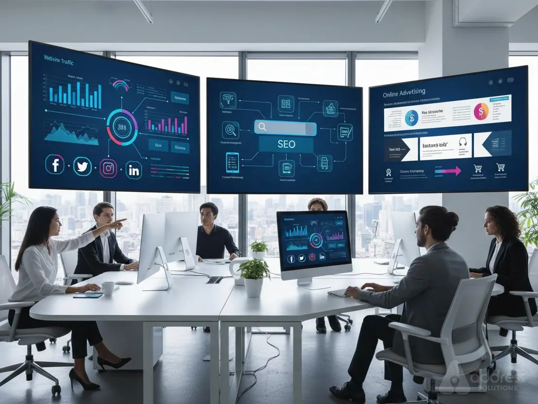 Business promotion and digital visibility icons overlaying a team working on laptops