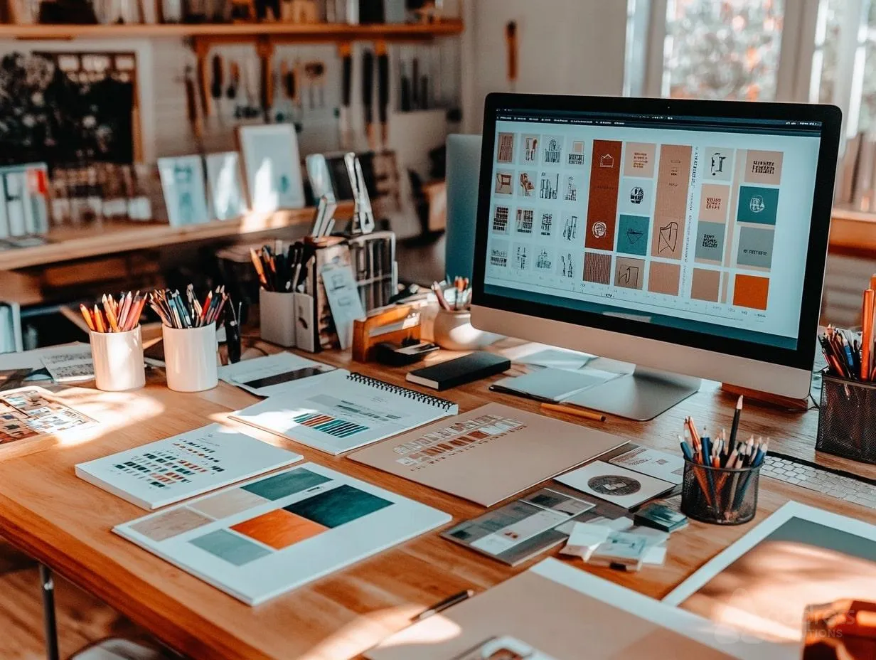 Designer's desk with branding mood boards and creative material on screen