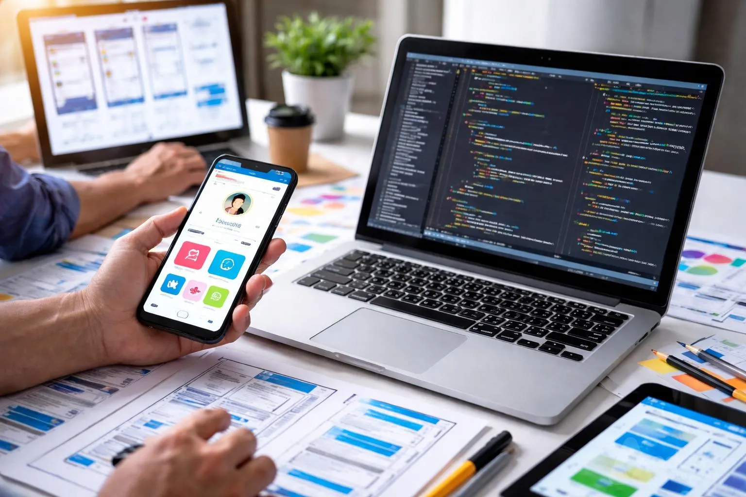 Mobile app interface on a phone alongside a laptop showing development code