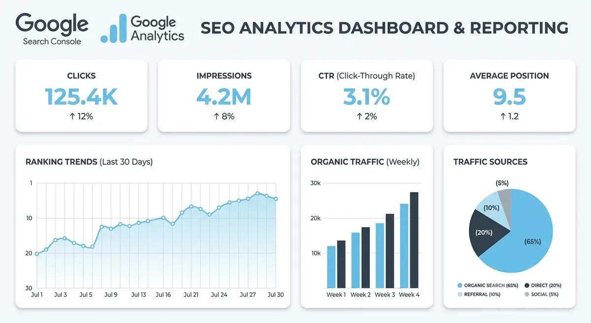 SEO analytics dashboard showing clicks, impressions, click-through rate and ranking trends