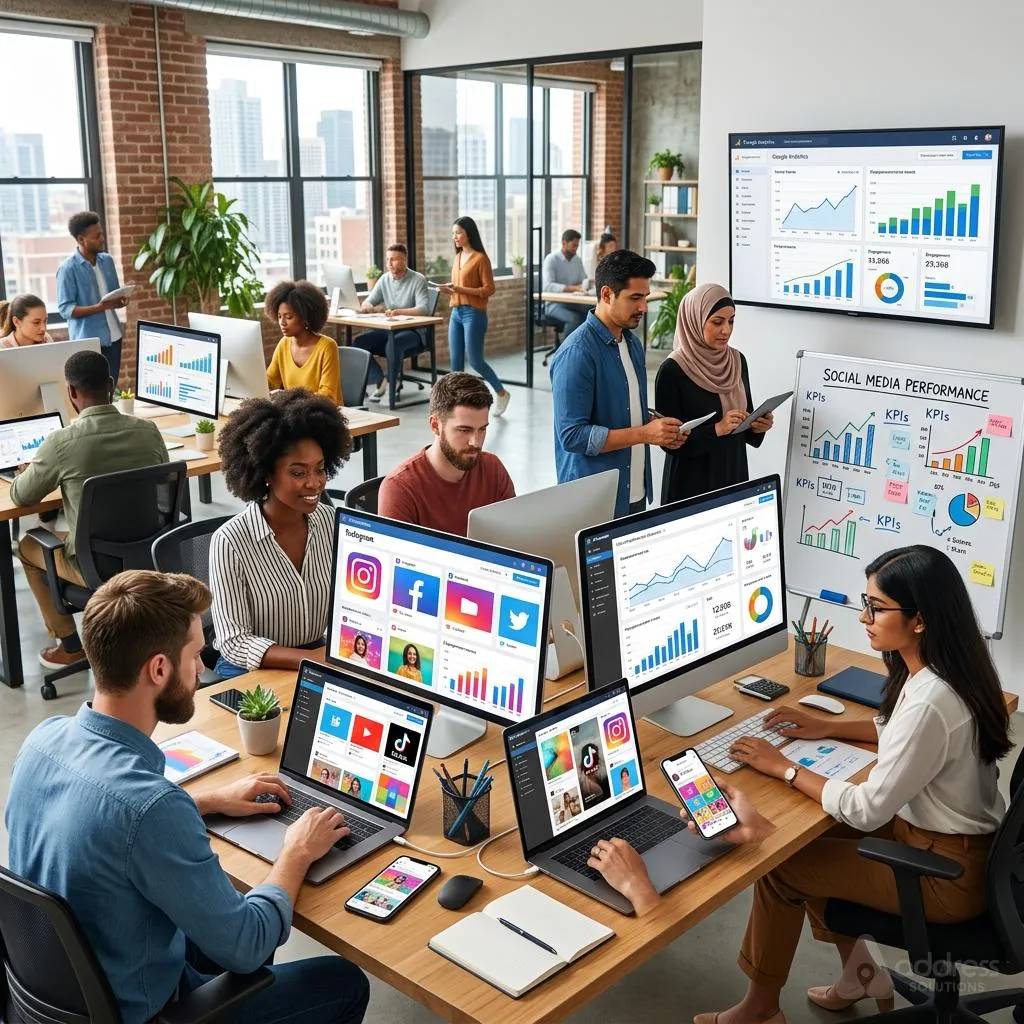 Team managing social media performance dashboards in an open office