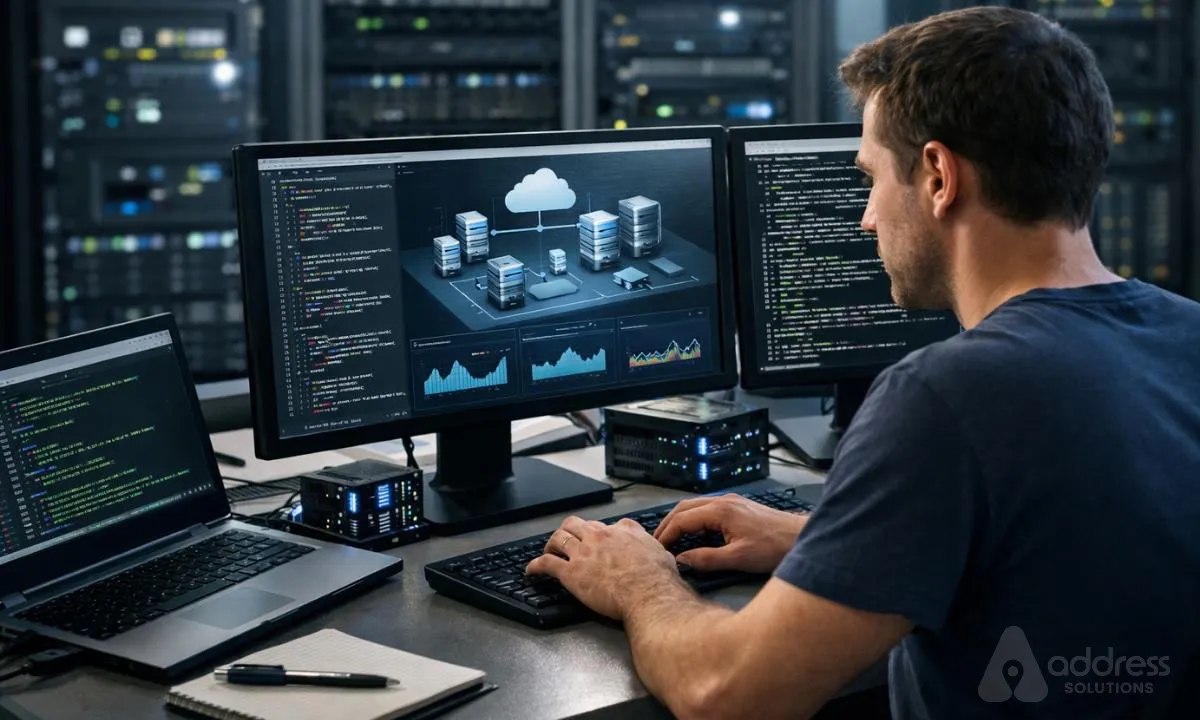 Developer monitoring server infrastructure and cloud architecture dashboards