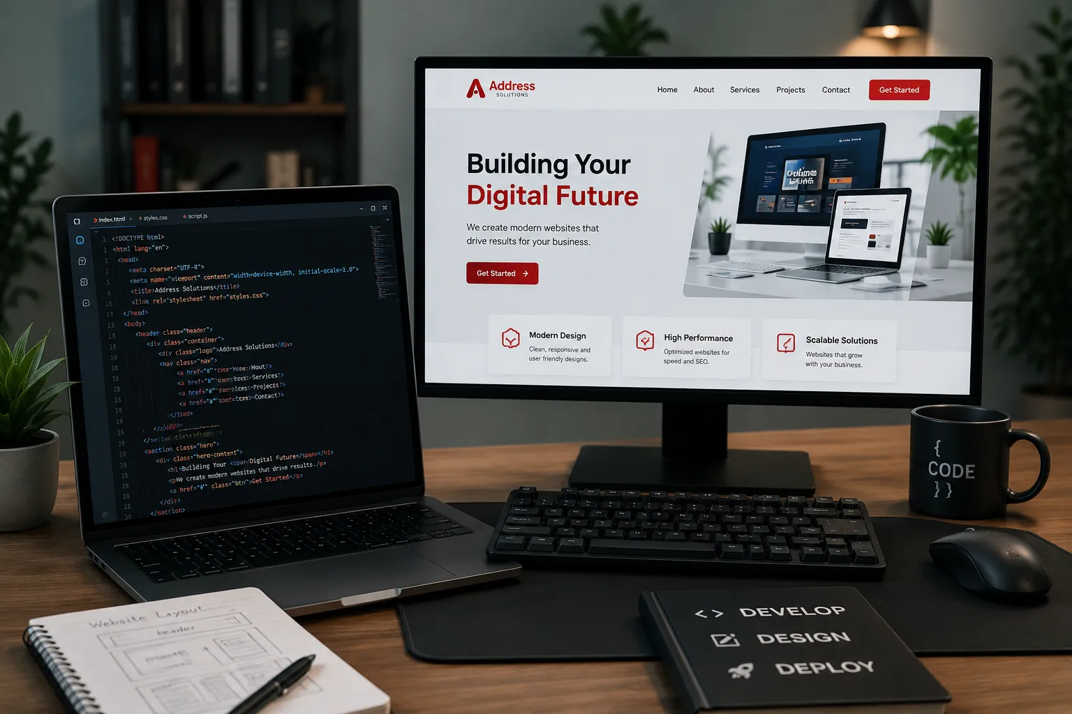 Developer workspace with a website build displayed on a desktop monitor and laptop screen