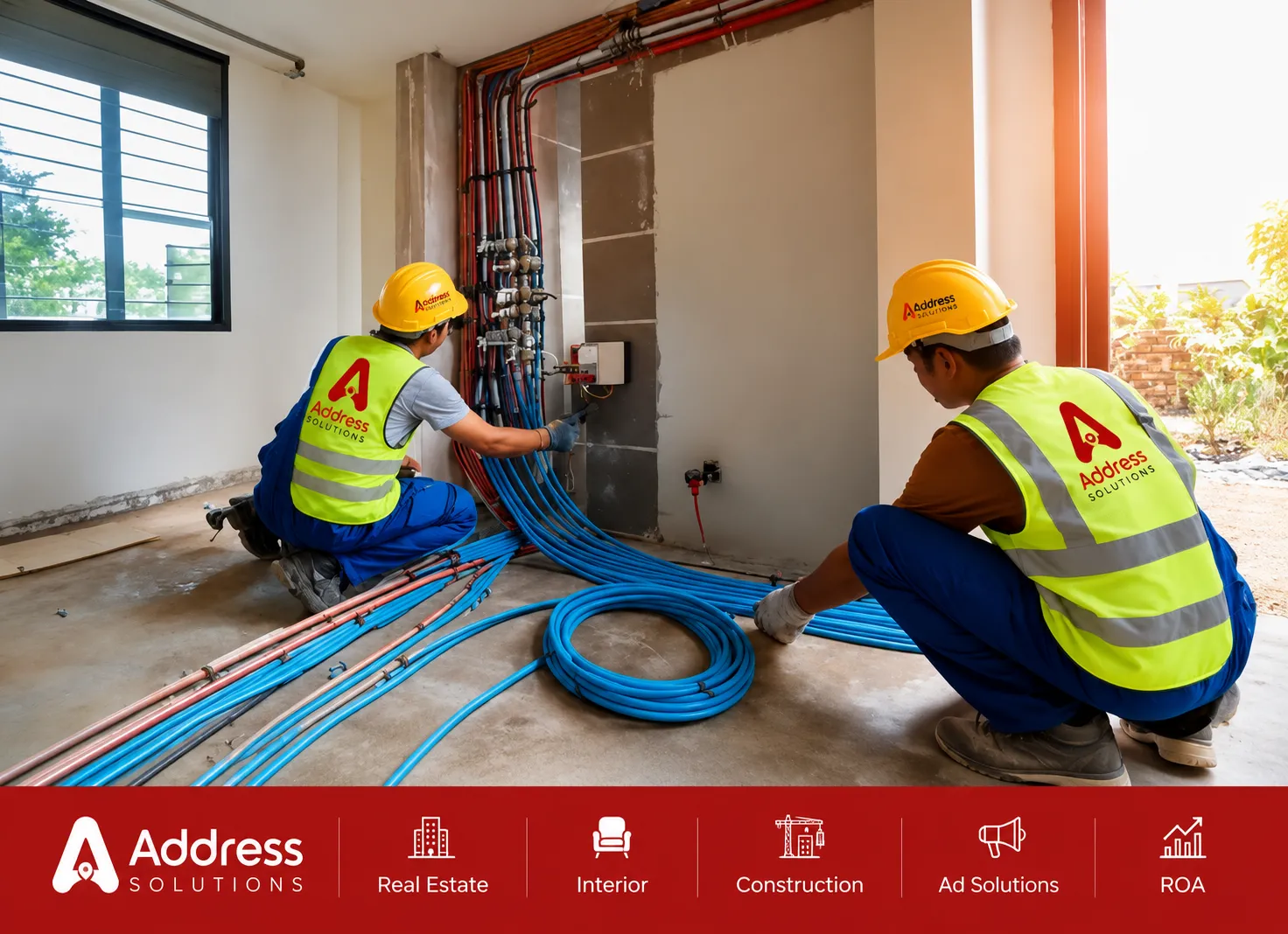 Workers installing electrical and plumbing pipe systems during construction rough-in