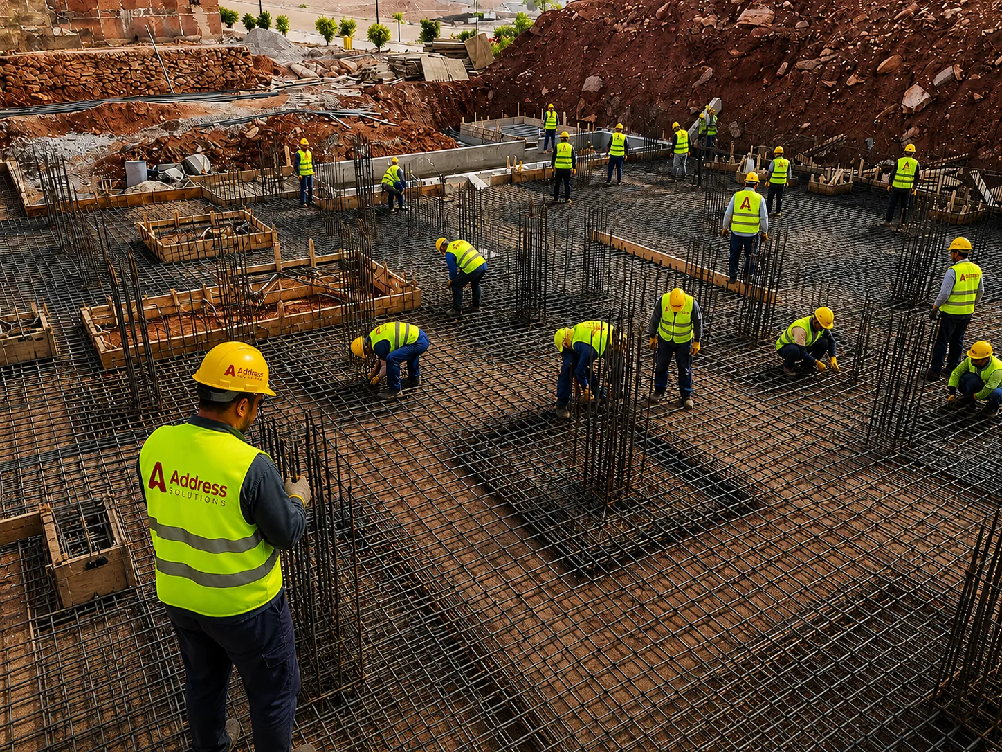 Construction workers laying rebar and formwork for a building's foundation and structural slab