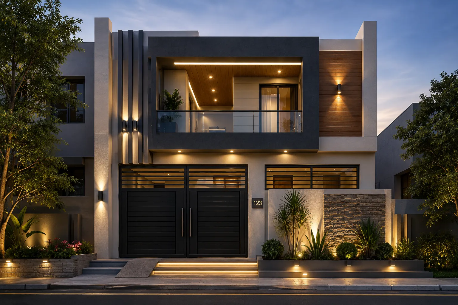 Detail view of a finished residential facade at dusk