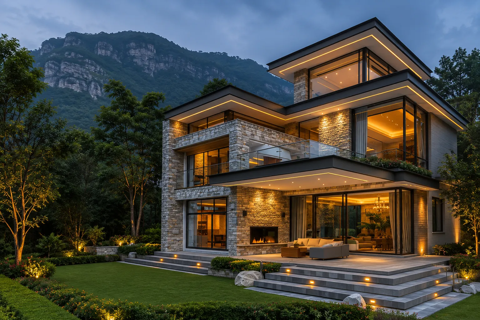 Modern stone-clad villa exterior with warm architectural lighting