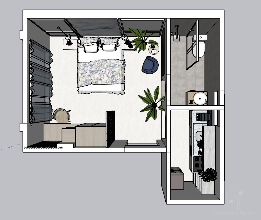 3D visualization render of a bedroom layout