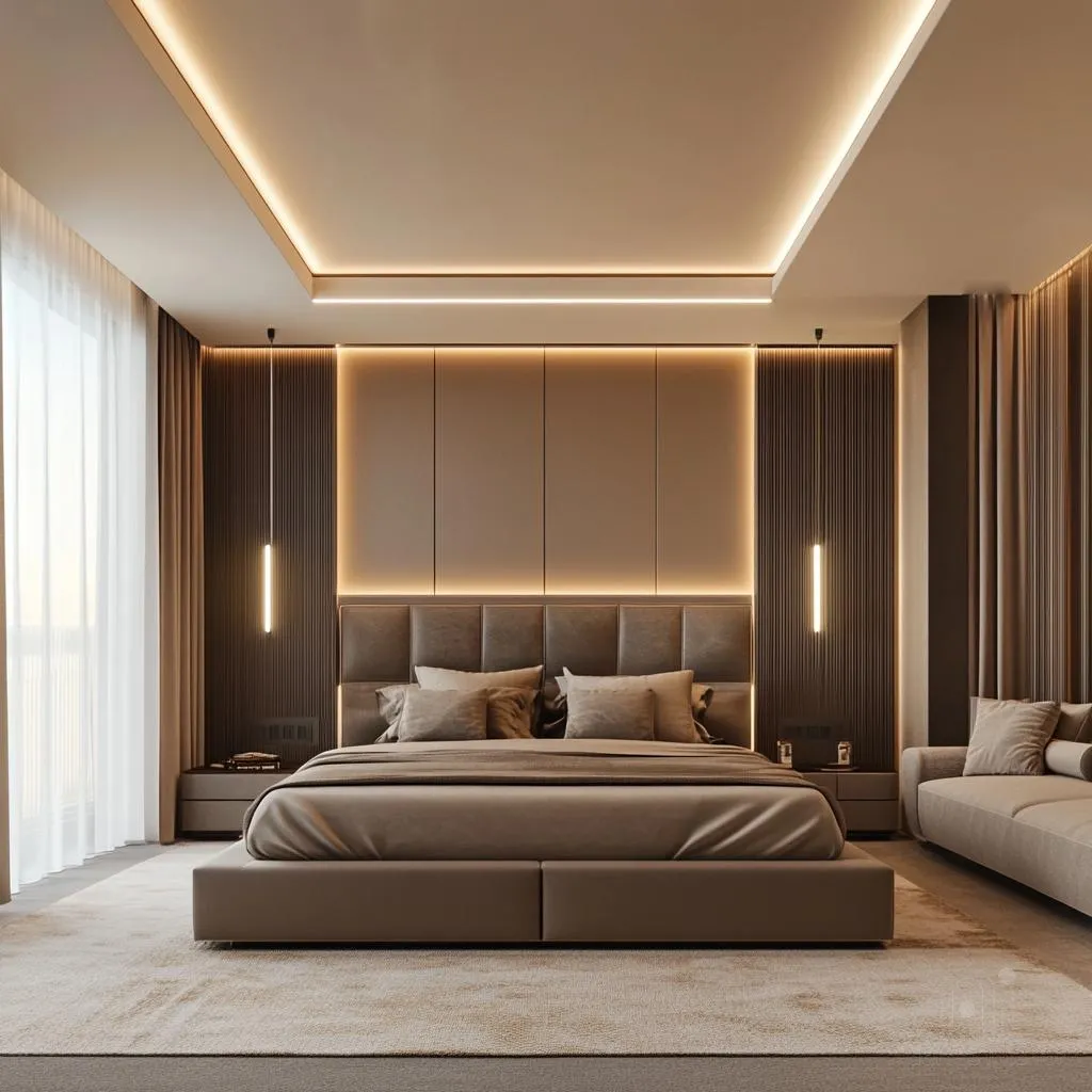 Layered lighting design in a bedroom interior