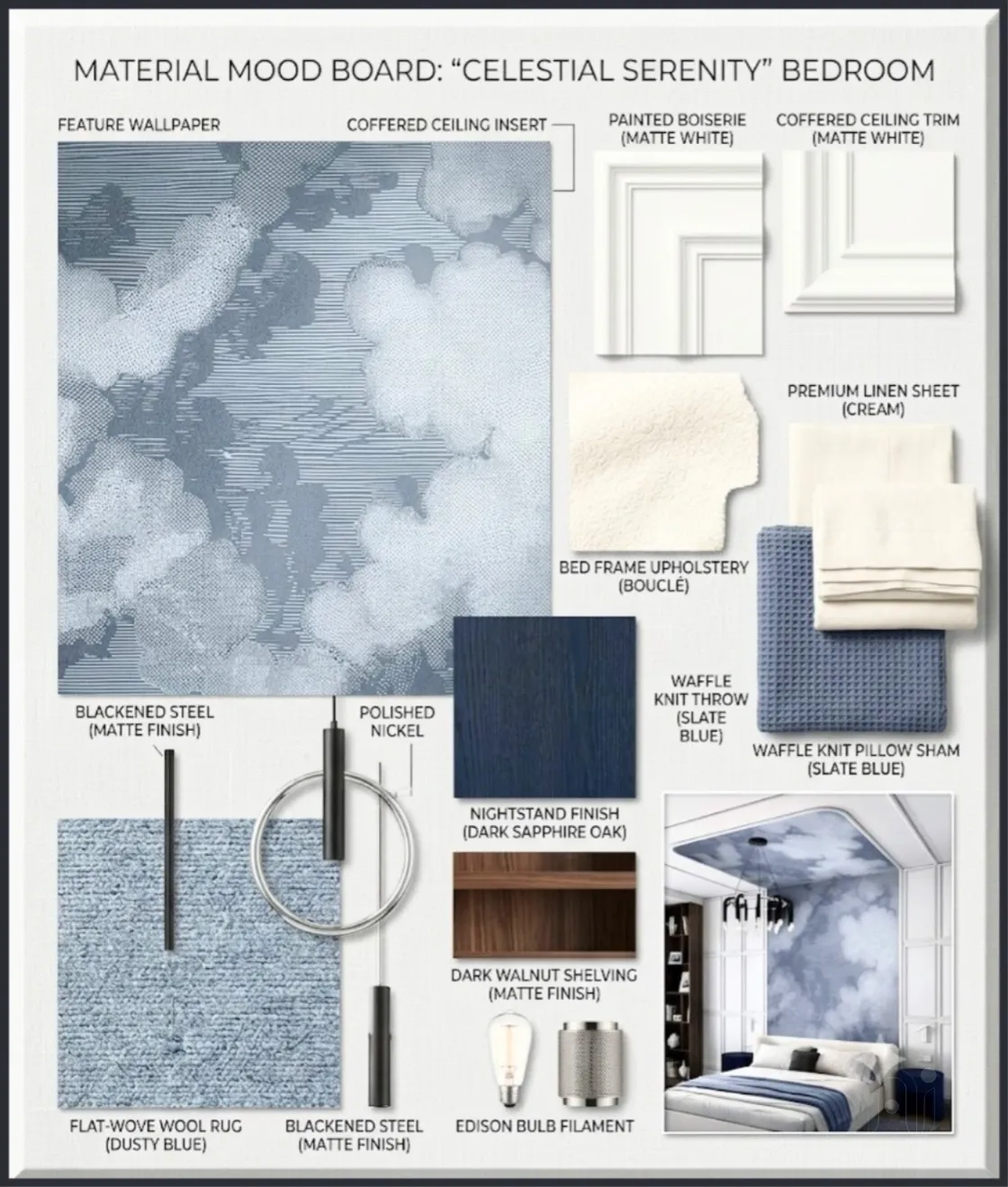 Material selection board with finishes and fabric samples