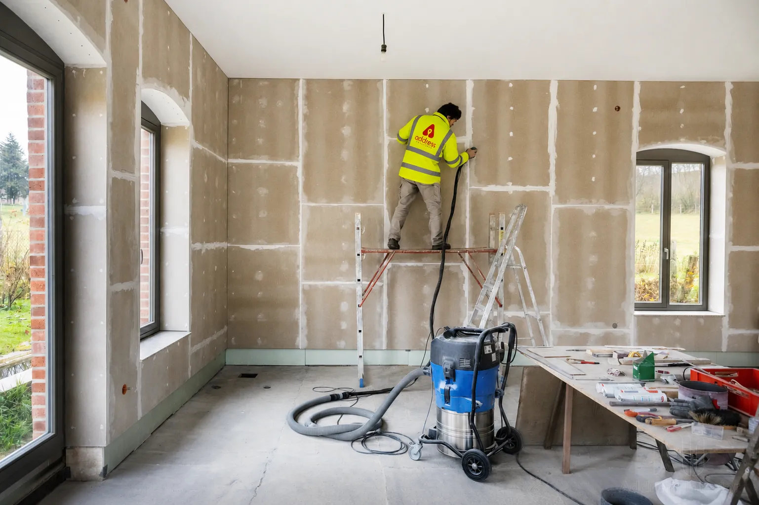 Address Solutions craftsman plastering a wall during renovation work